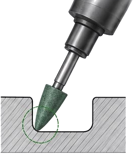 A kraflex mounted point finishing inside a narrow internal groove