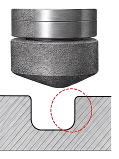 A large abrasive wheel unable to reach into a narrow internal groove